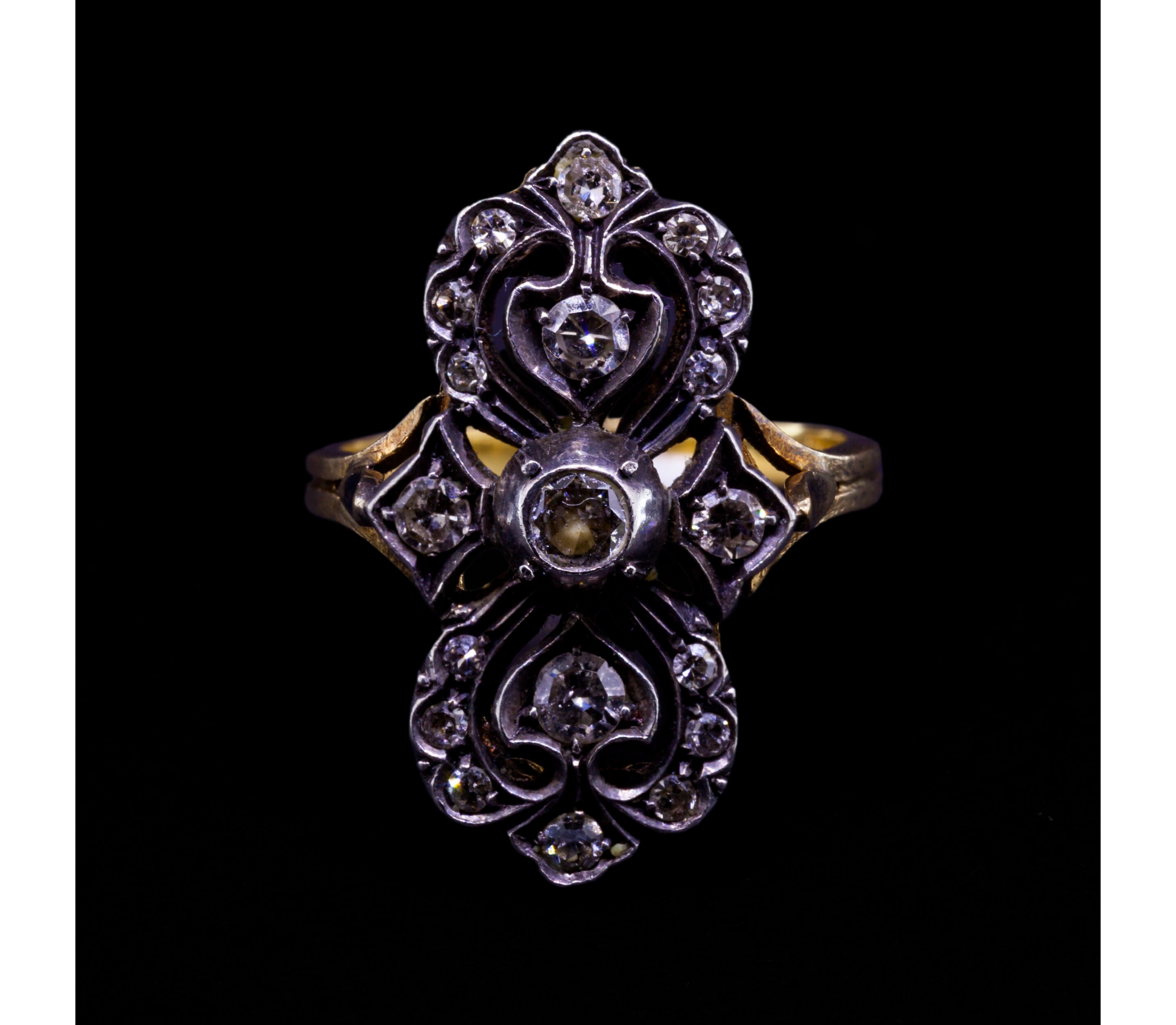 18K Gold, Silver Diamond Ring, Vintage, Italy - 1 18K Gold, Silver Diamond Ring, Vintage, Italy - 1