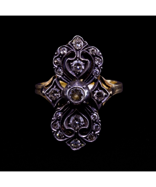 18K Gold, Silver Diamond Ring, Vintage, Italy - 1