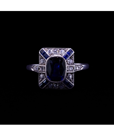 Platinum Art Deco Ring with Sapphire and Diamonds, 1920s - 1