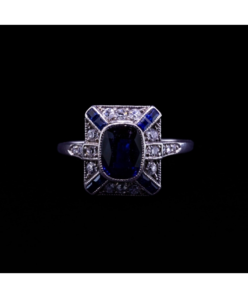 Platynowy pierścionek Art Deco z szafirem i diamentami, lata 20-te XX w. - 1