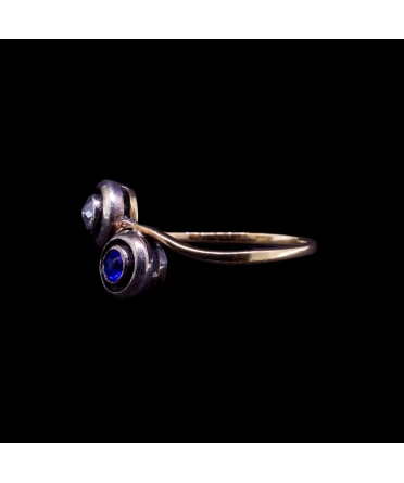 18K Gold, Silver Toi et Moi Ring with Diamond and Cobalt Glass, 1st half of the 20th century - 2