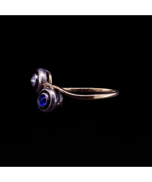 18K Gold, Silver Toi et Moi Ring with Diamond and Cobalt Glass, 1st half of the 20th century - 2