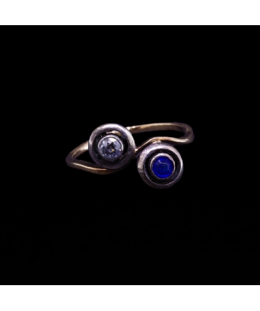 18K Gold, Silver Toi et Moi Ring with Diamond and Cobalt Glass, 1st half of the 20th century - 1