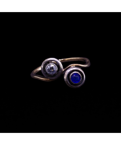 18K Gold, Silver Toi et Moi Ring with Diamond and Cobalt Glass, 1st half of the 20th century - 1
