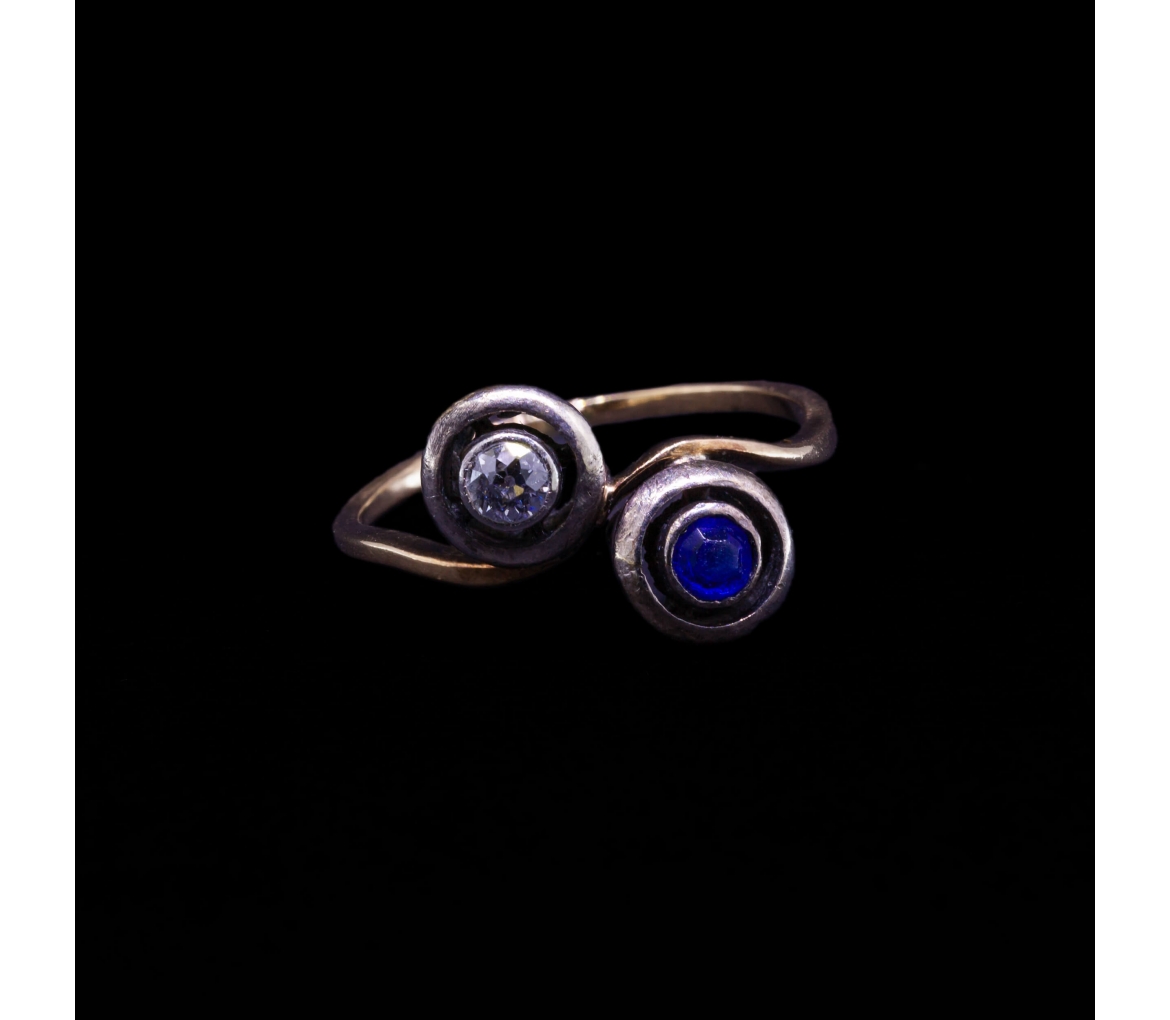 18K Gold, Silver Toi et Moi Ring with Diamond and Cobalt Glass, 1st half of the 20th century - 1
