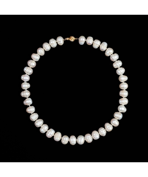 14K Gold, Ringed White Pearl Necklace, Vintage - 1
