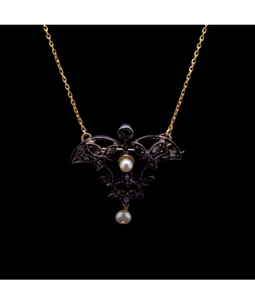 14K Gold, Silver Brooch - Necklace with Rose Cut Diamonds and Pearls, Turn of the 19th and 20th centuries - 1