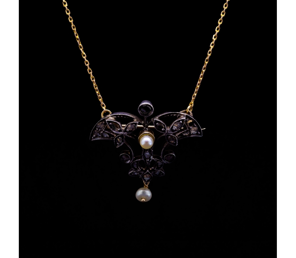 14K Gold, Silver Brooch - Necklace with Rose Cut Diamonds and Pearls, Turn of the 19th and 20th centuries - 1