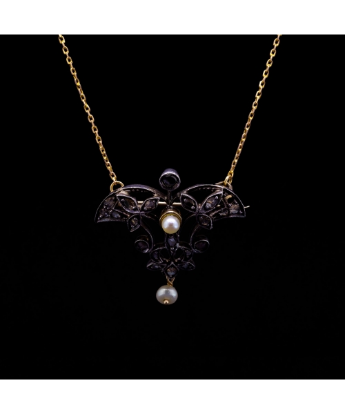 14K Gold, Silver Brooch - Necklace with Rose Cut Diamonds and Pearls, Turn of the 19th and 20th centuries - 1