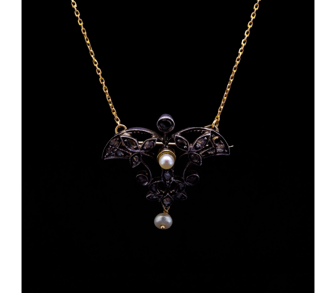 14K Gold, Silver Brooch - Necklace with Rose Cut Diamonds and Pearls, Turn of the 19th and 20th centuries - 1