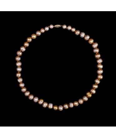 14K Gold, Ringed Pearl Necklace in Golden Hue, Vintage - 1