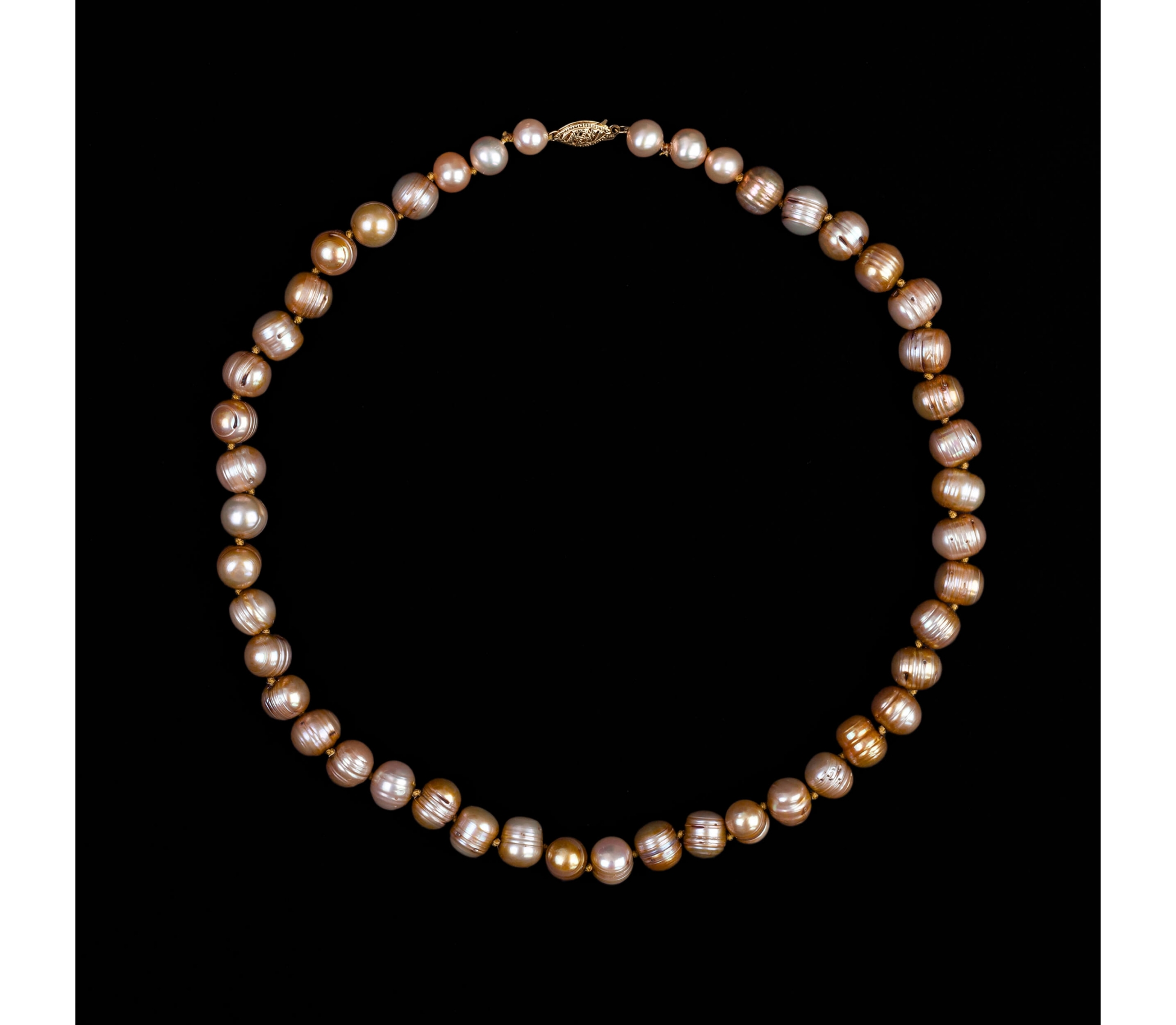 14K Gold, Ringed Pearl Necklace in Golden Hue, Vintage - 1 14K Gold, Ringed Pearl Necklace in Golden Hue, Vintage - 1