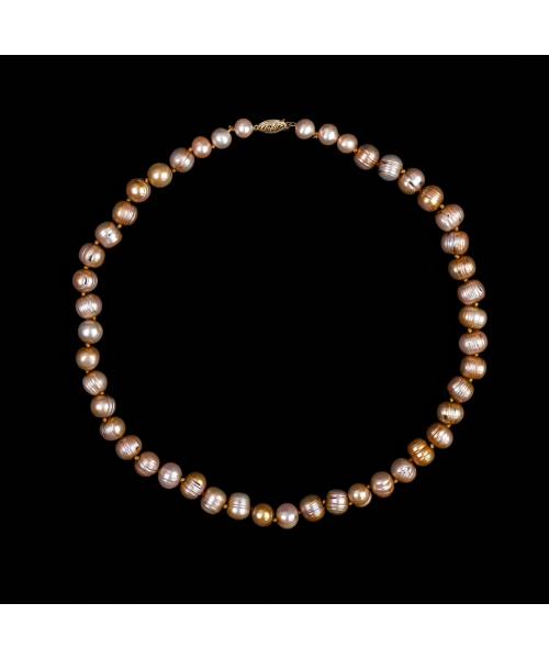 14K Gold, Ringed Pearl Necklace in Golden Hue, Vintage - 1
