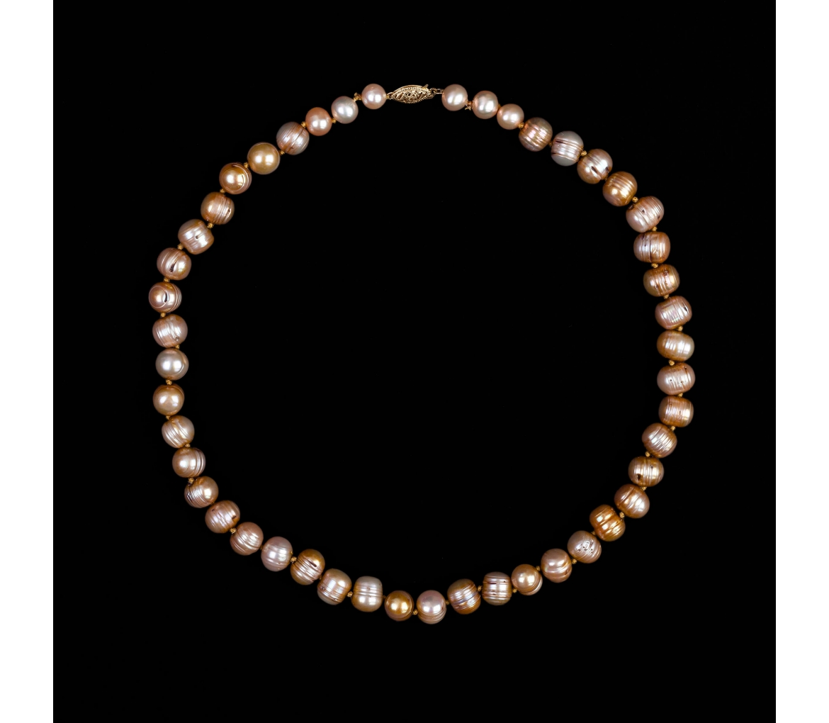 14K Gold, Ringed Pearl Necklace in Golden Hue, Vintage - 1