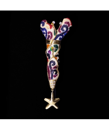 18K Gold, Diamond Brooch with White Coral, Handcrafted, Vintage - 1