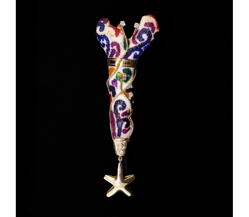 18K Gold, Diamond Brooch with White Coral, Handcrafted, Vintage - 1