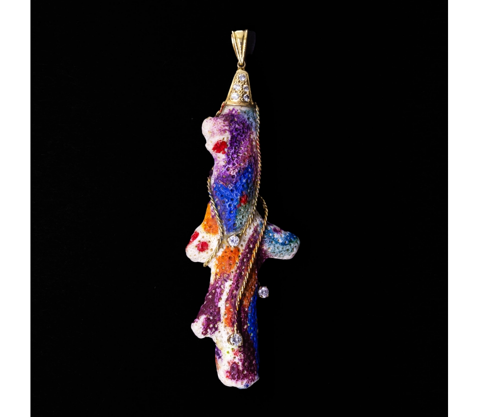 18K Gold, Diamond Pendant with White Coral, Handcrafted, Vintage - 1