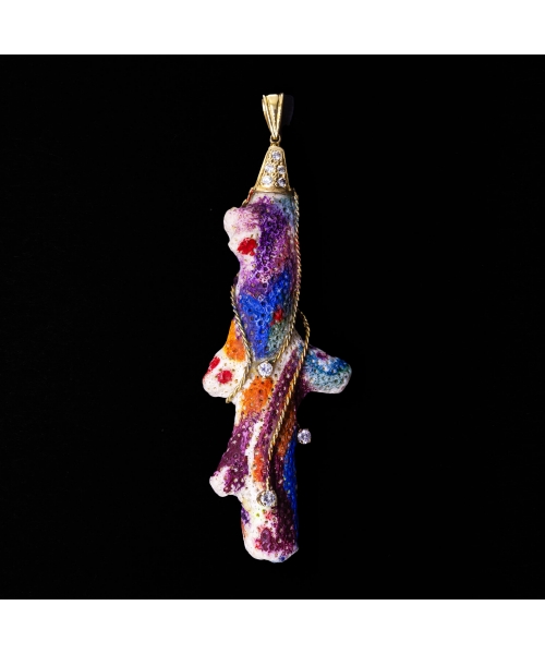 18K Gold, Diamond Pendant with White Coral, Handcrafted, Vintage - 1