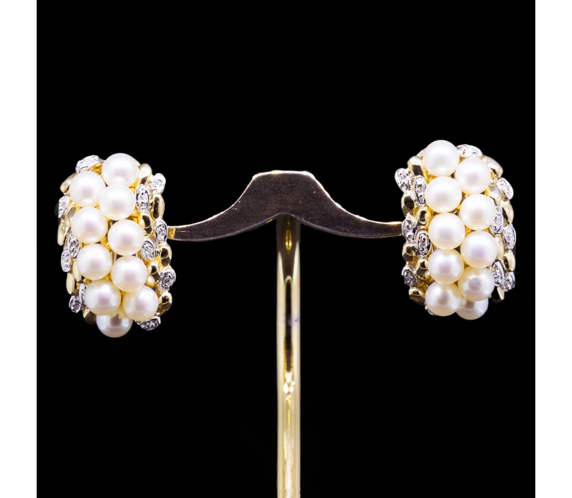 14K Gold, Pearl and Diamond Earrings, Vintage - 1