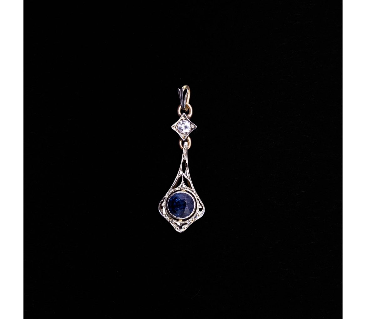 14K Gold, Diamond, Sapphire Art Deco Pendant, 1910s/1920s - 1