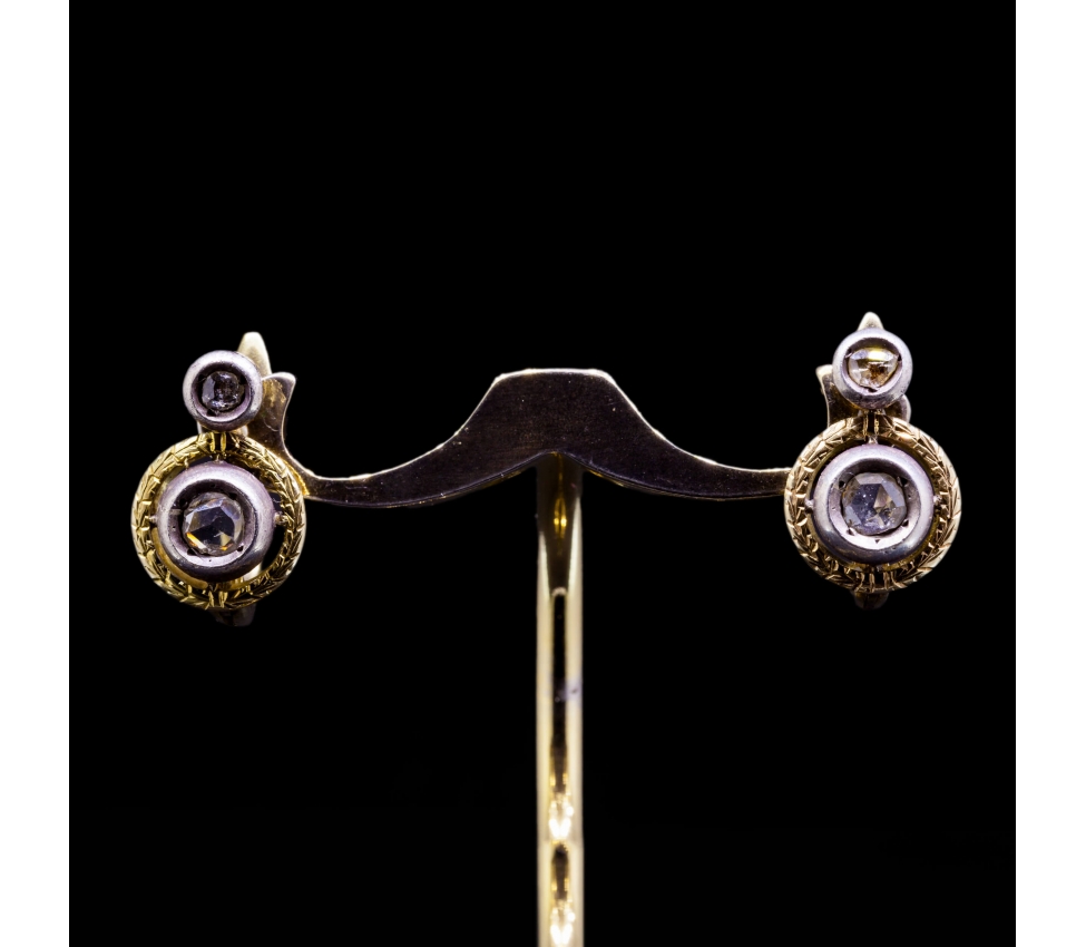 14K Gold, Silver, Rose Cut Diamond Earrings, 1st half of the 20th century - 1