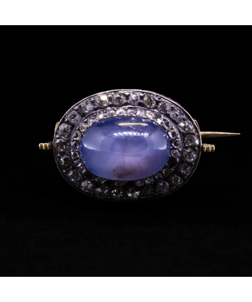 14K Gold, 11 ct Star Sapphire and Diamond Brooch, 2nd half of the 19th century - 1