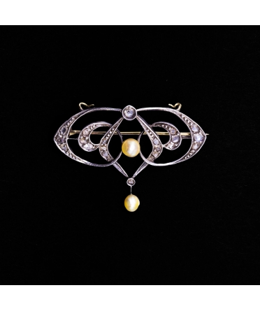 18K Gold, Silver, Pearl and Rose-Cut Diamond Brooch, Art Nouveau - 1