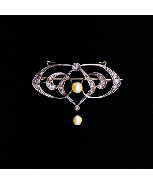 18K Gold, Silver, Pearl and Rose-Cut Diamond Brooch, Art Nouveau - 1