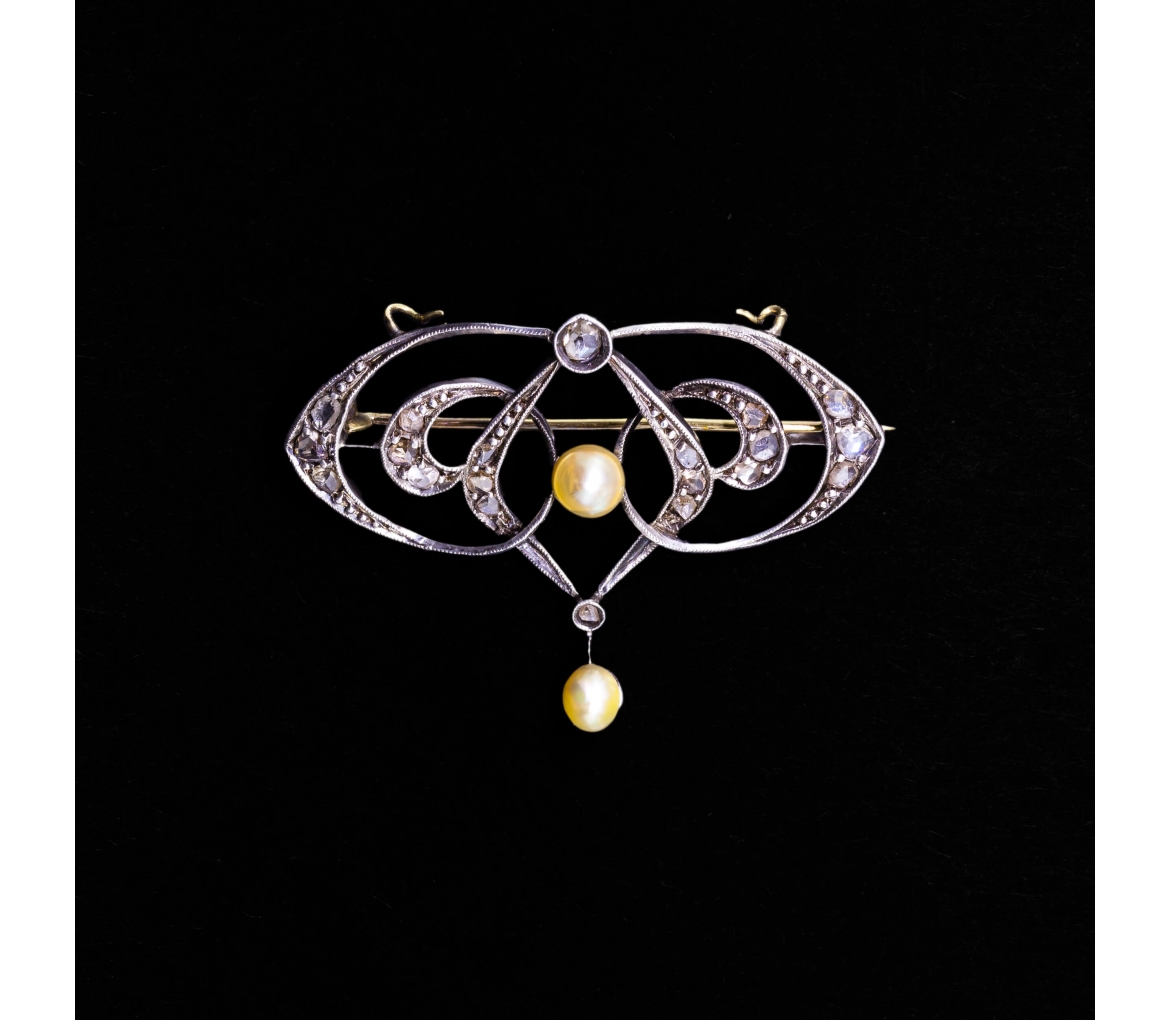 18K Gold, Silver, Pearl and Rose-Cut Diamond Brooch, Art Nouveau - 1