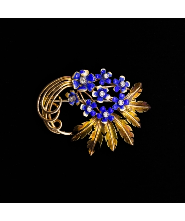 18K Gold, Diamond and Blue Enamel Brooch, 1960s - 1