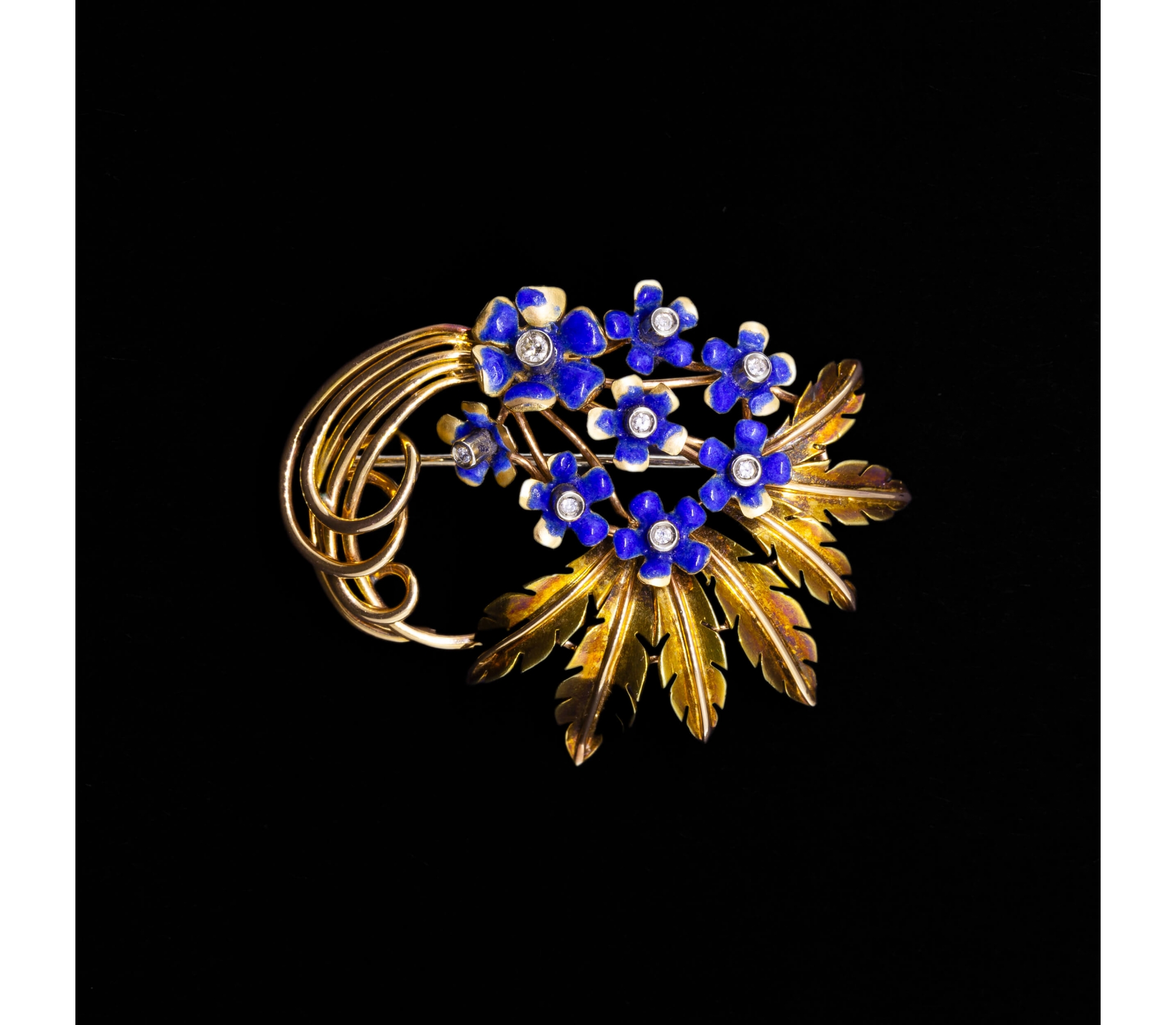 18K Gold, Diamond and Blue Enamel Brooch, 1960s - 1 18K Gold, Diamond and Blue Enamel Brooch, 1960s - 1