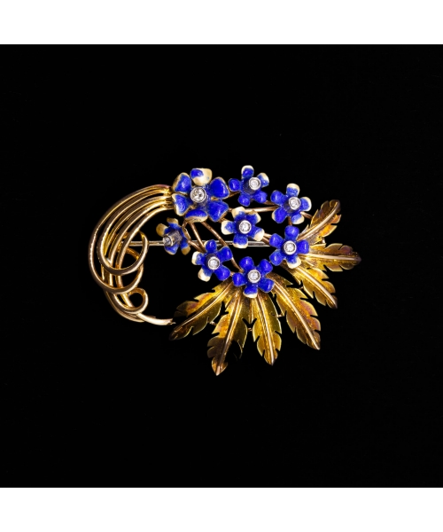 18K Gold, Diamond and Blue Enamel Brooch, 1960s - 1