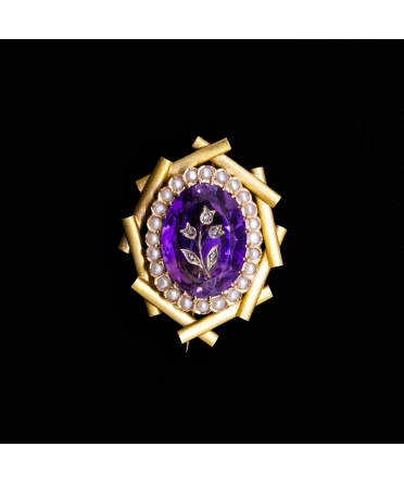 14K Gold, Amethyst, Pearl and Diamond  Brooch, 1st half of the 20th century - 1
