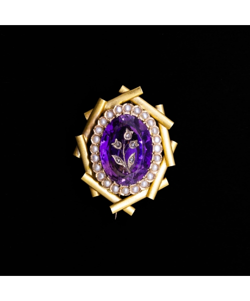 14K Gold, Amethyst, Pearl and Diamond  Brooch, 1st half of the 20th century - 1
