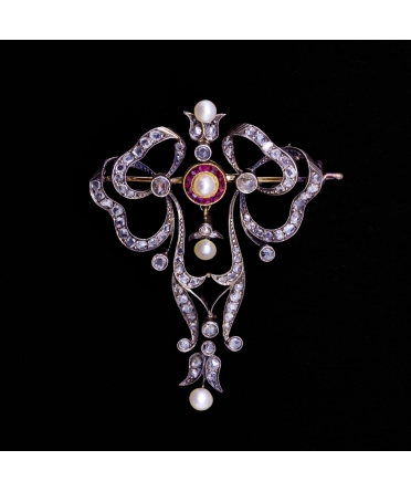 18K Gold, Silver, Ruby, Pearl and Rose-Cut Diamond Brooch, Art Nouveau - 1
