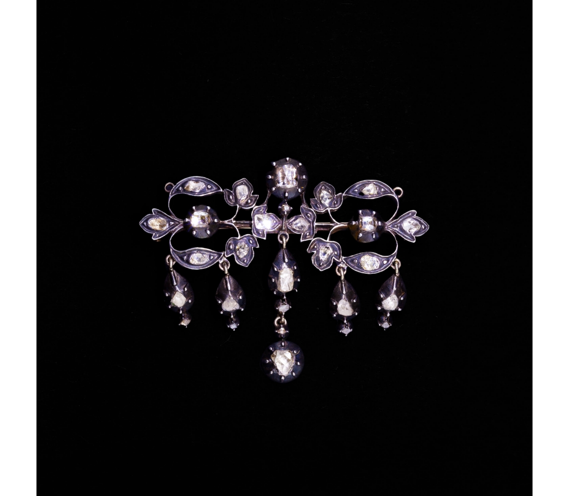 15K Gold, Silver, 1.35 ctw Rose-Cut Diamond Brooch, 19th Century - 1