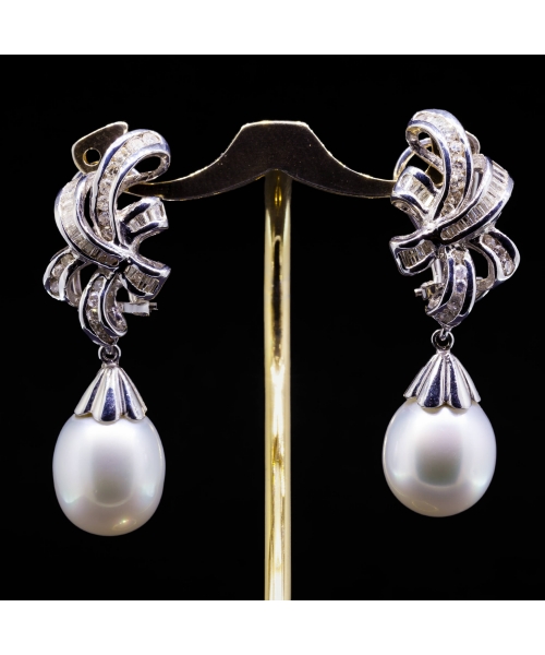 17K Gold, Clip Pearl and Diamond Earrings, Vintage - 1