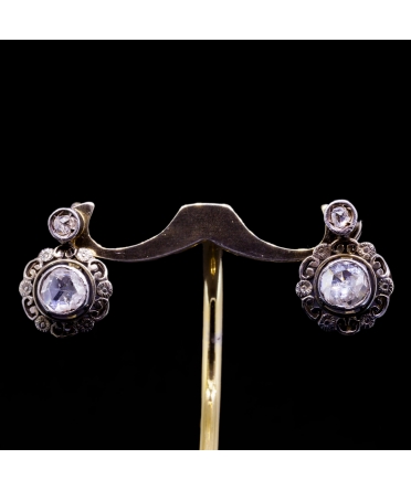 9K Gold, Silver, Rose-cut Diamond Earrings, Turn of the 19th and 20th centuries - 1