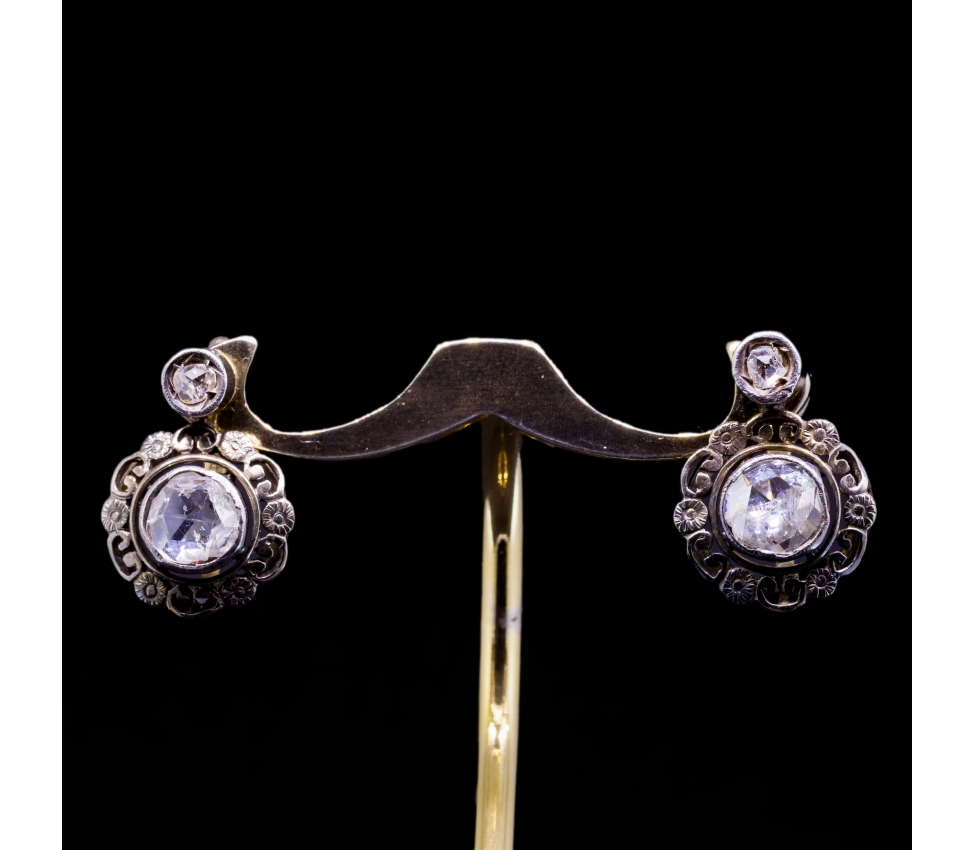 9K Gold, Silver, Rose-cut Diamond Earrings, Turn of the 19th and 20th centuries - 1