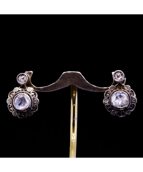 9K Gold, Silver, Rose-cut Diamond Earrings, Turn of the 19th and 20th centuries - 1