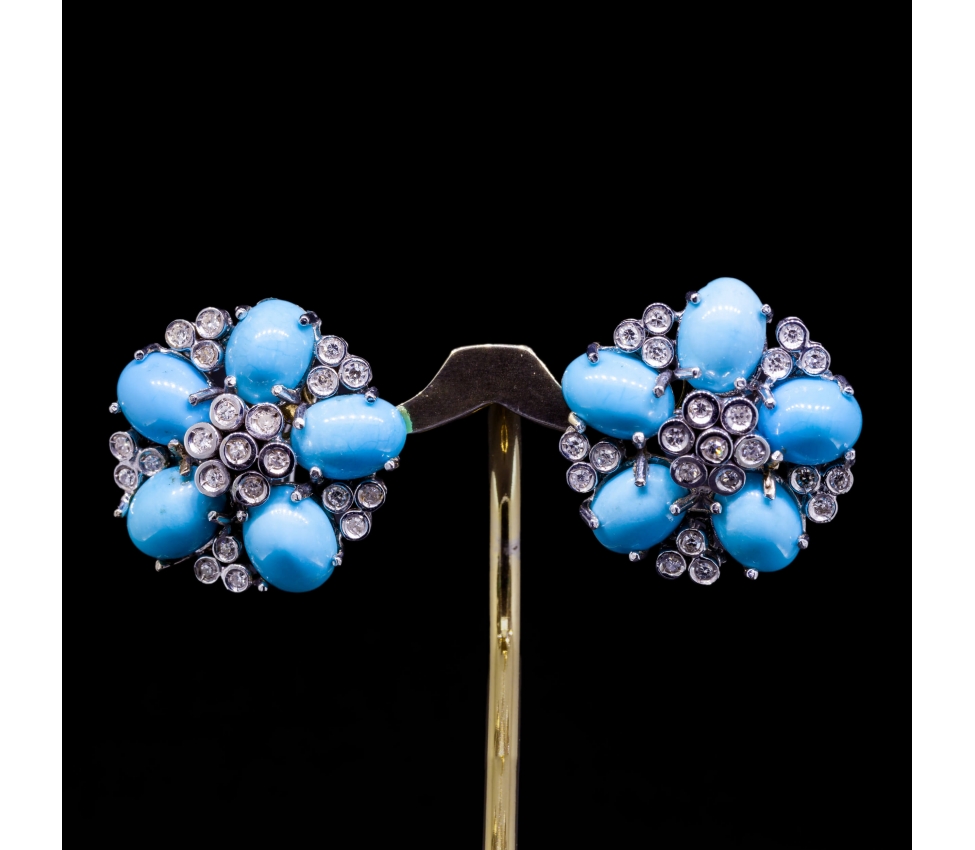 18K Gold, Turquoise and Diamond Earrings, Italy, Vintage - 1