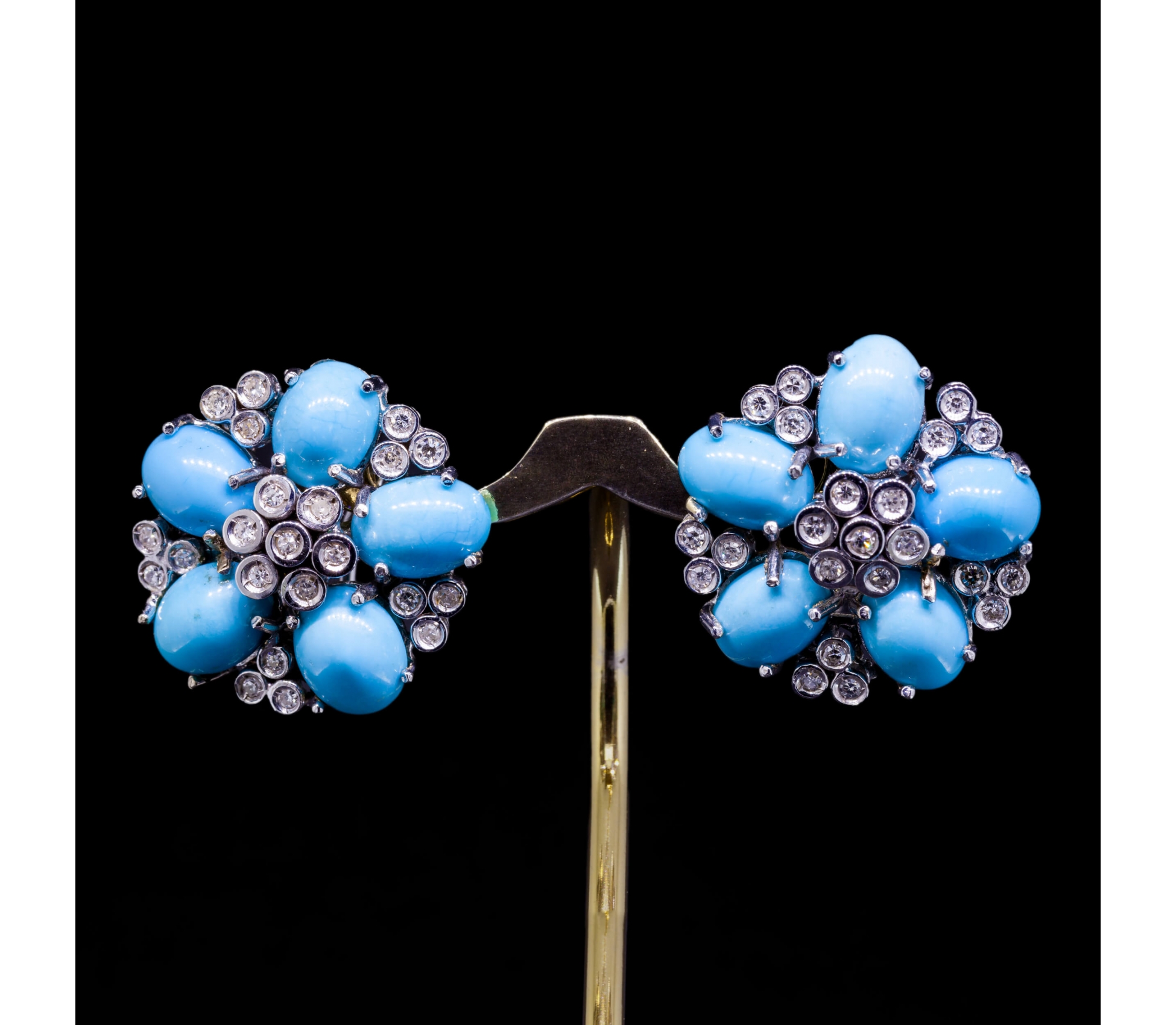 18K Gold, Turquoise and Diamond Earrings, Italy, Vintage - 1 18K Gold, Turquoise and Diamond Earrings, Italy, Vintage - 1