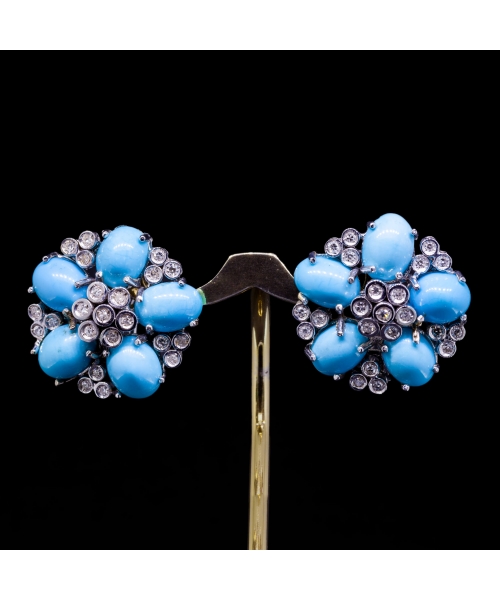 18K Gold, Turquoise and Diamond Earrings, Italy, Vintage - 1