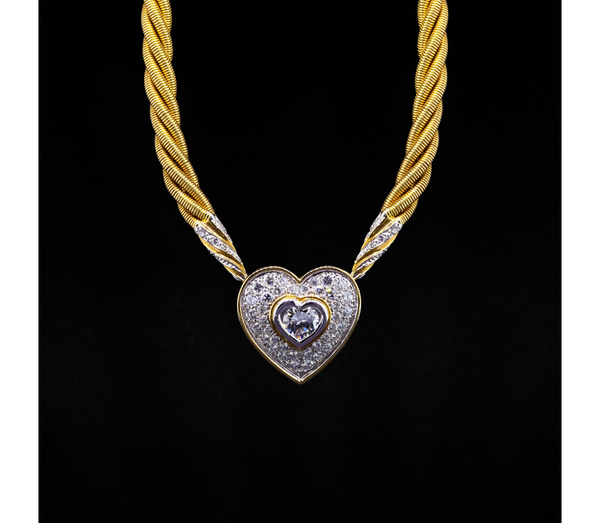 18K Gold Diamond Necklace with a Heart Motif, Vintage - 1 18K Gold Diamond Necklace with a Heart Motif, Vintage - 1