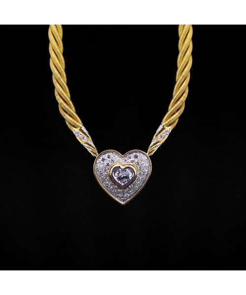 18K Gold Diamond Necklace with a Heart Motif, Vintage - 1