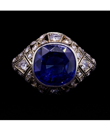 18K White Gold, 8 ct Synthetic Sapphire and 0.54 ctw. Diamond Art Deco Ring - 1