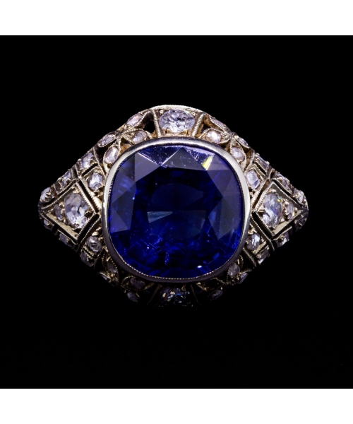 18K White Gold, 8 ct Synthetic Sapphire and 0.54 ctw. Diamond Art Deco Ring - 1