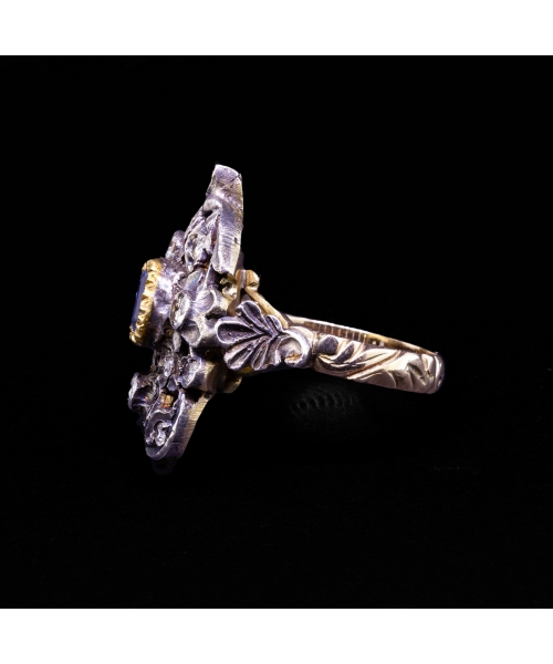 14K Gold, Silver, Victorian Inspired Ring with Diamonds and Sapphire - 1