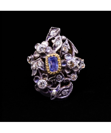 14K Gold, Silver, Victorian Inspired Ring with Diamonds and Sapphire - 2