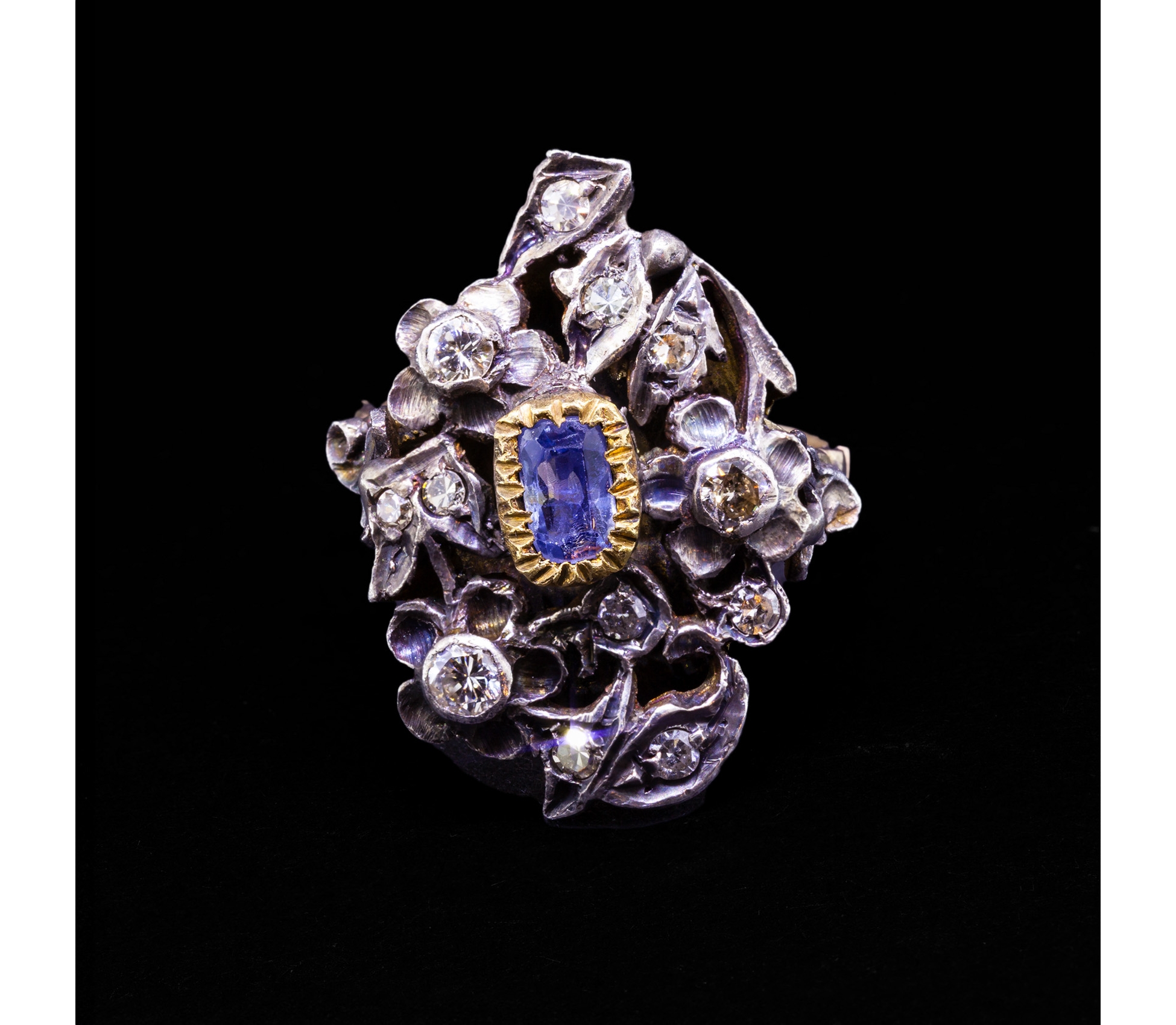 14K Gold, Silver, Victorian Inspired Ring with Diamonds and Sapphire - 2 14K Gold, Silver, Victorian Inspired Ring with Diamonds and Sapphire - 2